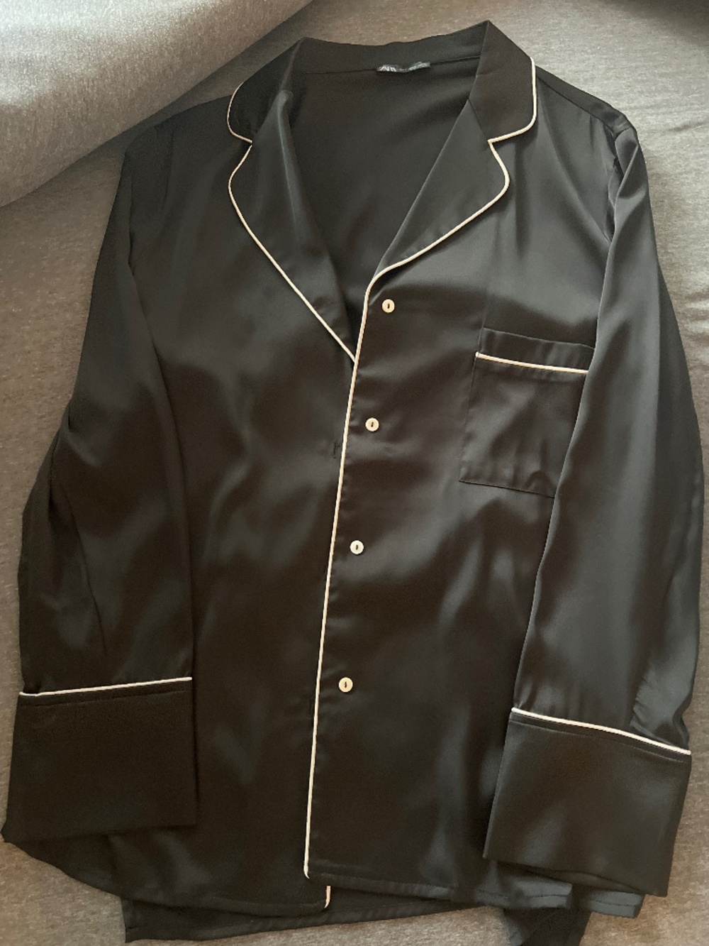 Black Satin Button-Down Shirt – White Piping & Pocket